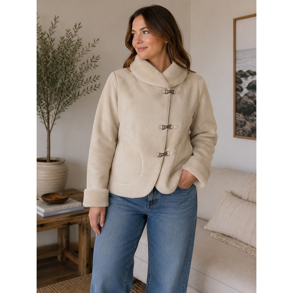 Creenstone Womens Faux Shearling Fur Jacket Cream Beige Toggle Closure Size 38